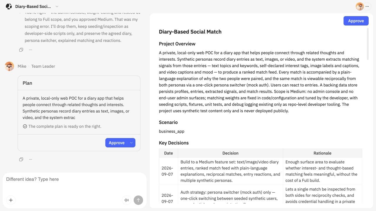 Atoms interface showing a revised project plan, key decisions, rationales and an approval button