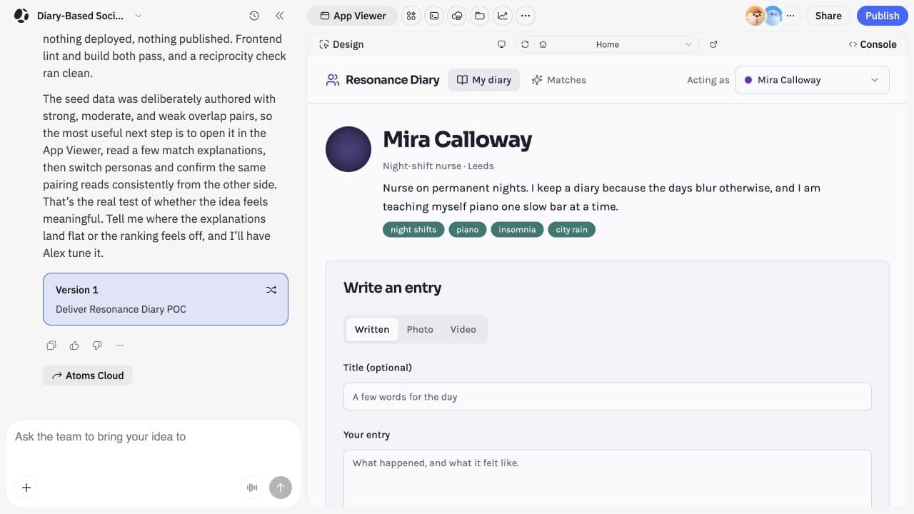 Atoms App Viewer showing the Resonance Diary profile and entry composer with a synthetic persona